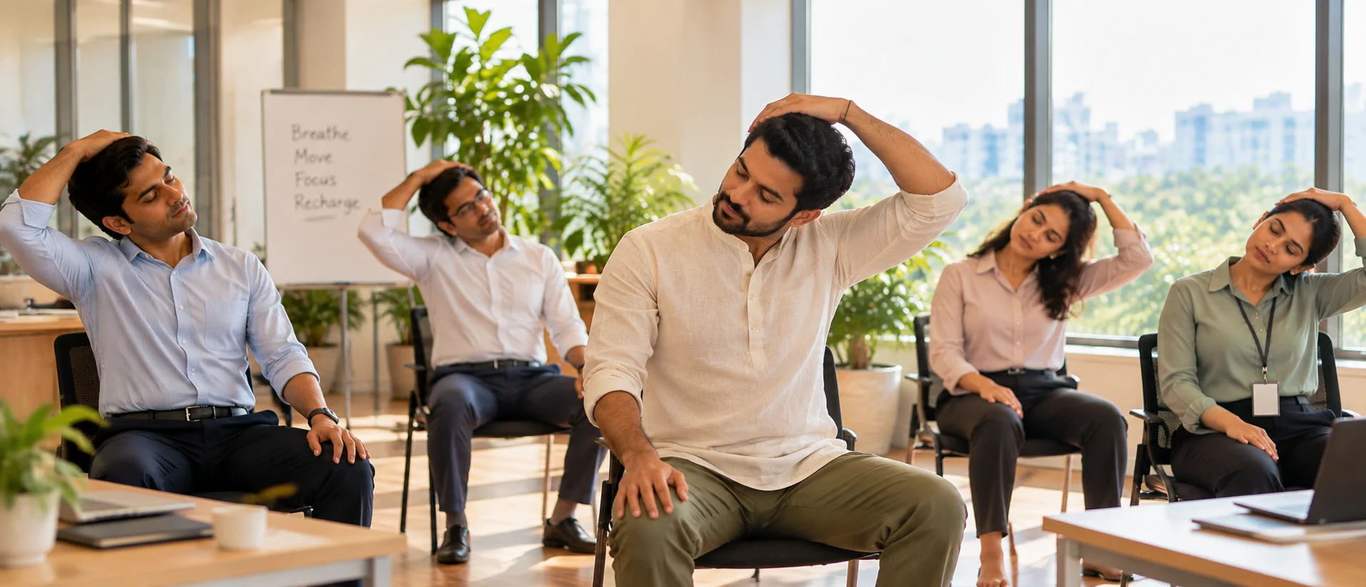 Office team doing a seated neck stretch